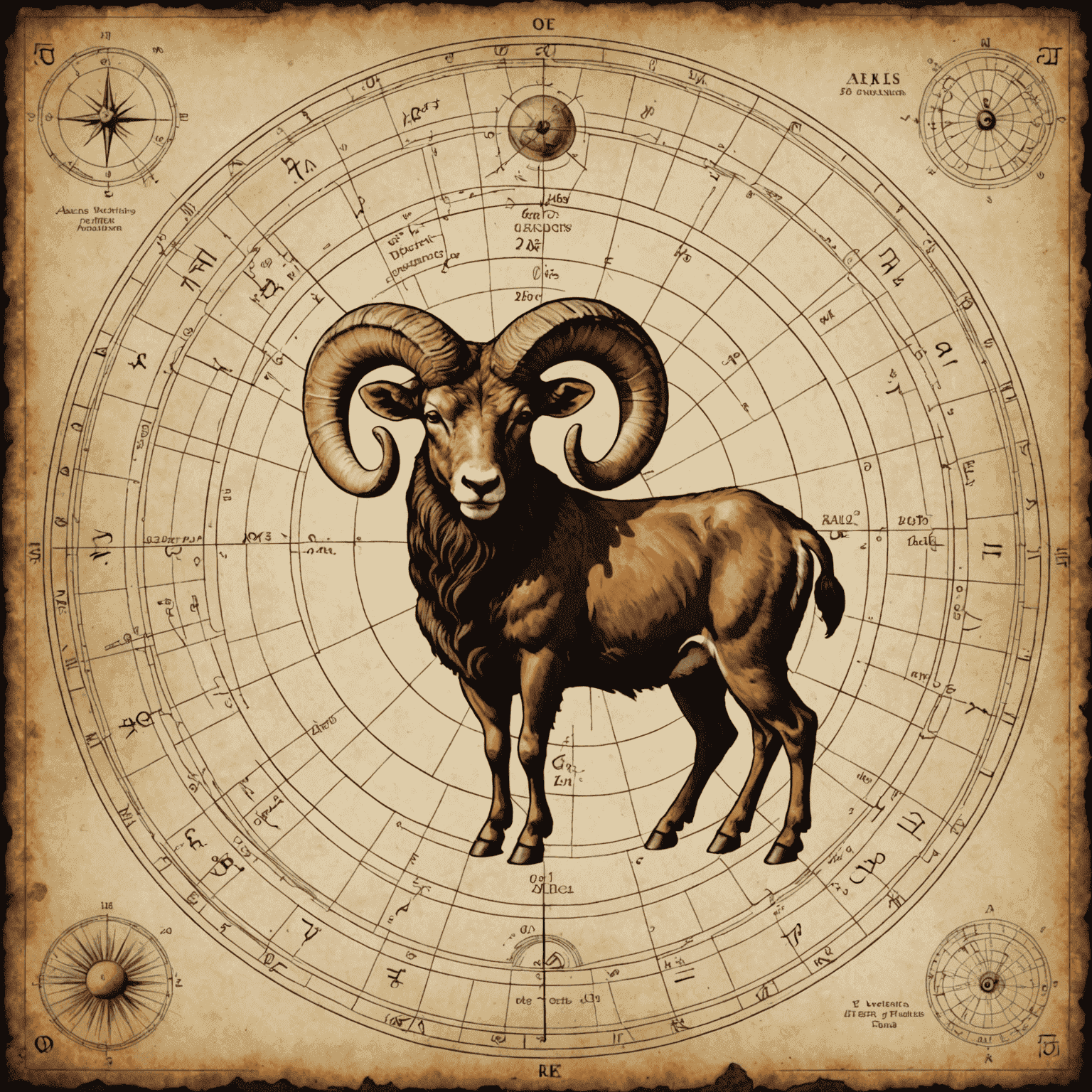 Ein astrologisches Diagramm, das das Widderzeichen und die Positionen der Planeten zeigt