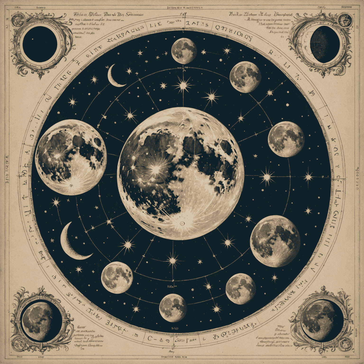 Schematische Darstellung der vier Hauptphasen des Mondes – Neumond, Erstes Viertel, Vollmond und Letztes Viertel – jeweils mit zugehörigen Sternzeichensymbolen, vor einem sternenklaren Himmel.