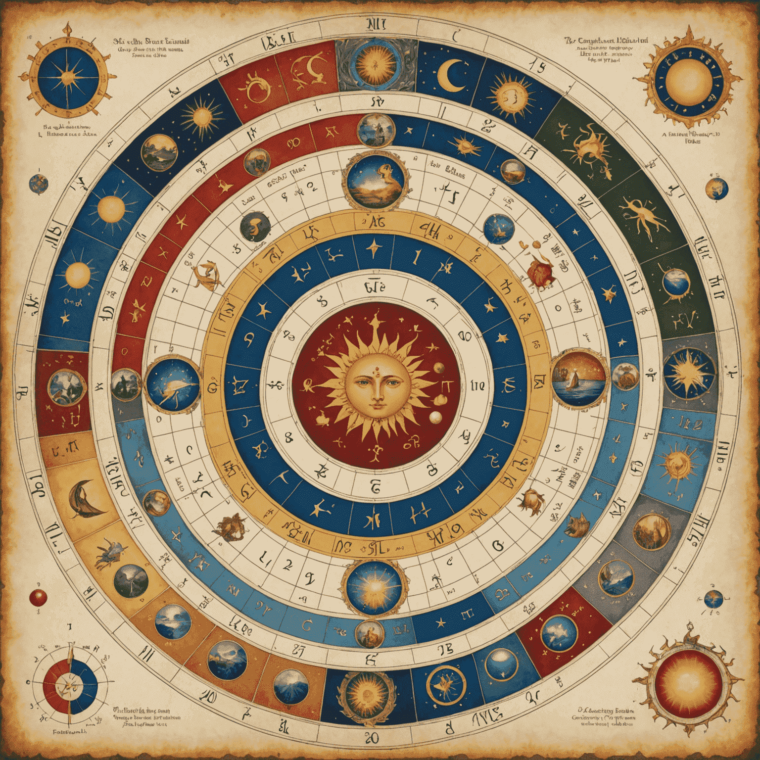 Ein kreisförmig gezeichnetes Geburtshoroskop, das die 12 astrologischen Häuser zeigt. Jedes Haus wird durch eine andere Farbe und ein Symbol repräsentiert. In der Mitte befindet sich ein Sonnensymbol, umgeben von Tierkreiszeichen.