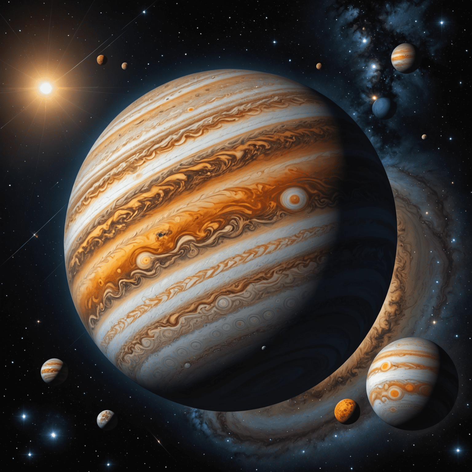 Der Planet Jupiter, dargestellt in seiner gewaltigen Größe und seinen charakteristischen Bändern. Um ihn herum befinden sich Sterne und Symbole, die Chancen repräsentieren.